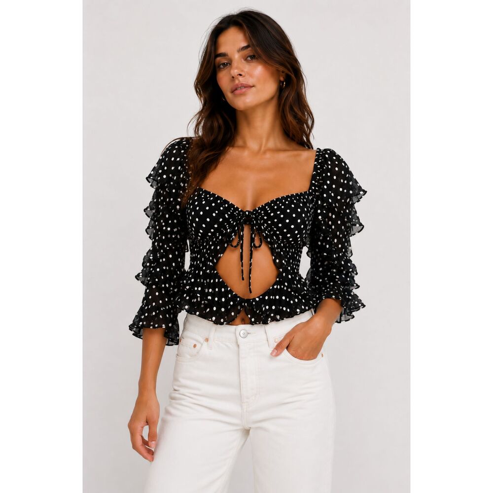 SEEK THE LABEL Polka Dot Ruffled Off Shoulder Blouse Black Small